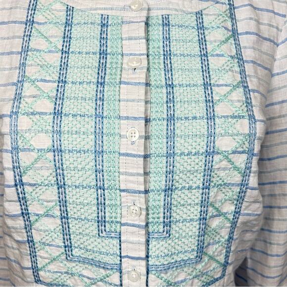 Vineyard Vines Linen Top Womens Size 2 Beach Blue Green Embroidered Tunic Boho - Picture 3 of 7
